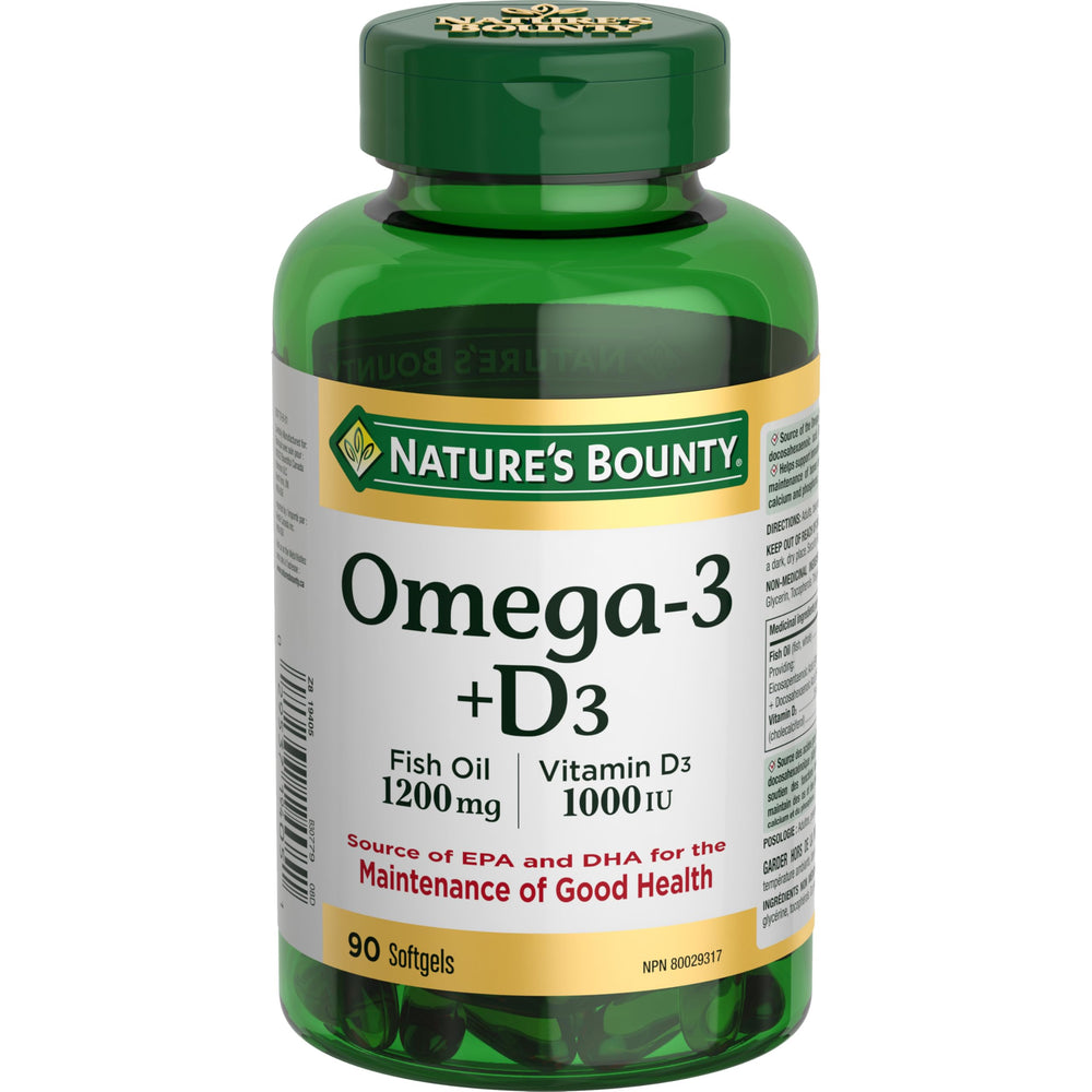 Nature's Bounty Omega-3 D3 bottle front view for daily wellness.