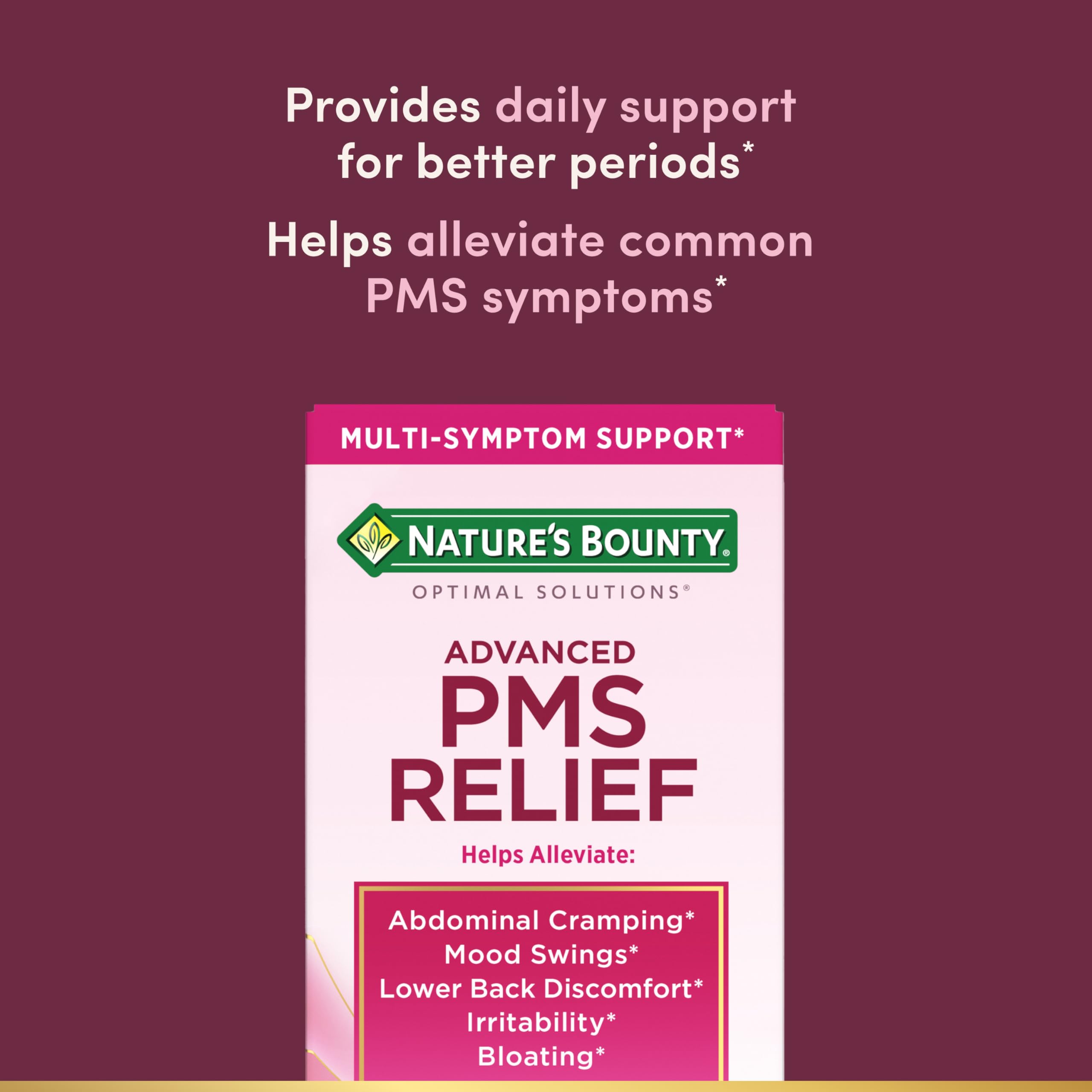 Nature’s Bounty PMS Relief capsules on surface for convenient daily intake