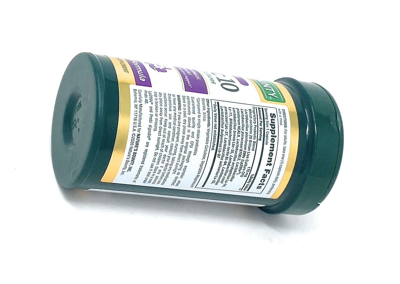 Nature's Bounty Ultra Strength Probiotic 10 close-up emphasizes 20 billion live cultures