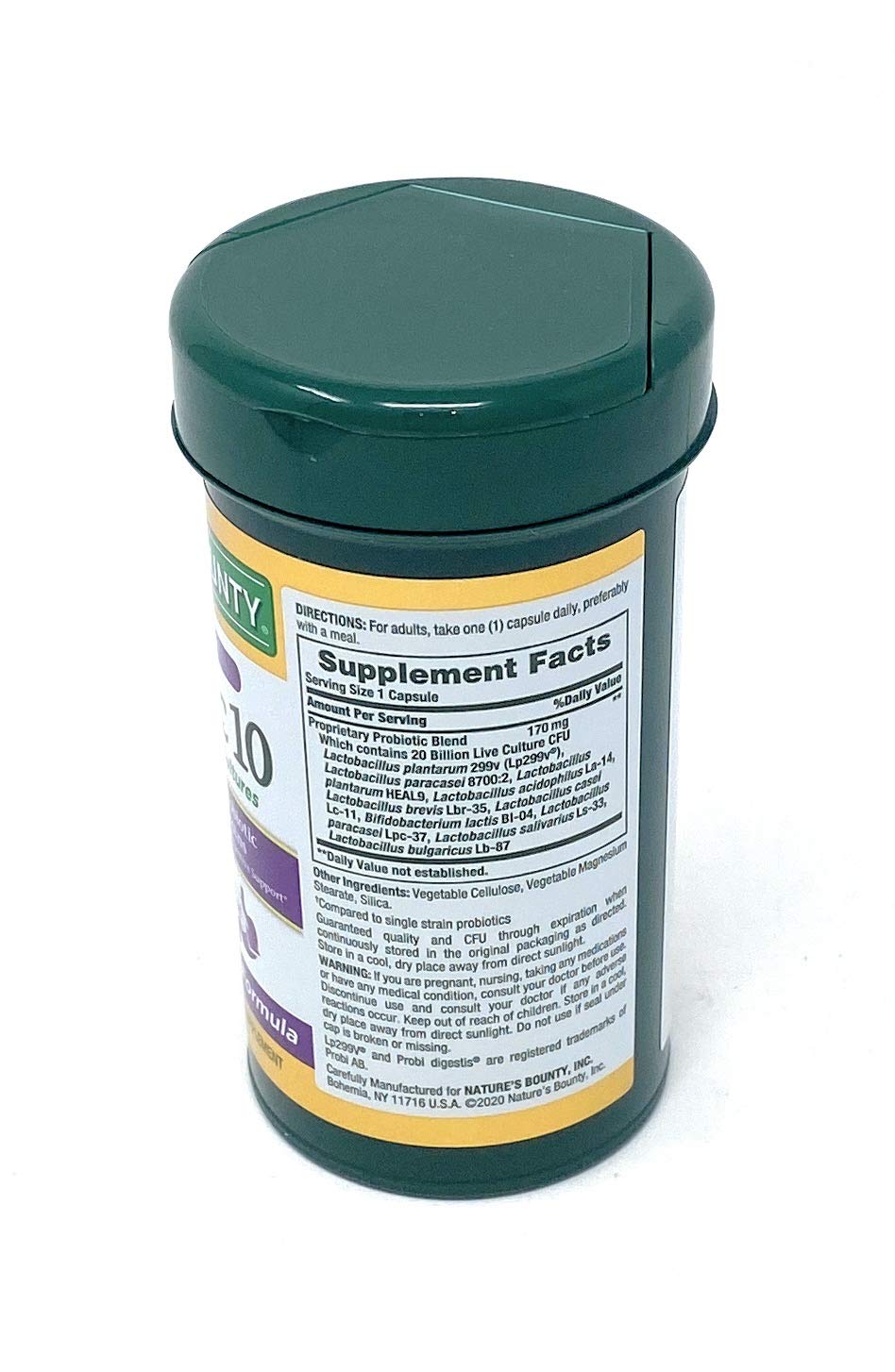 Nature's Bounty Probiotic 10 strains image highlighting digestive balance and immune support