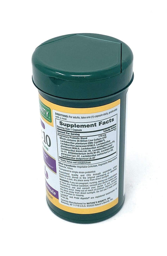 Nature's Bounty Probiotic 10 strains image highlighting digestive balance and immune support