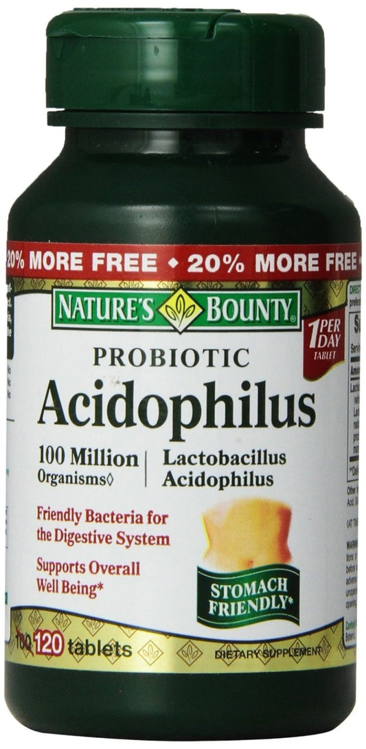 Nature's Bounty Probiotic Acidophilus tablets bottle shown for daily digestive support.
