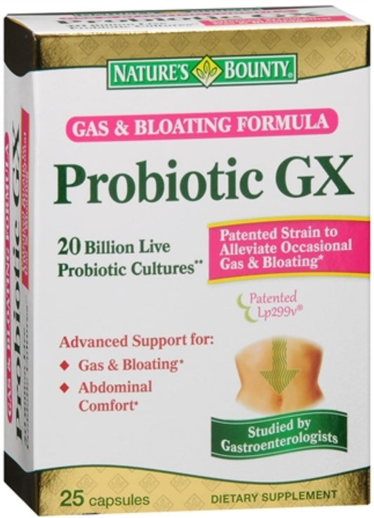 Nature's Bounty Probiotic GX bottle front, supporting digestive comfort and daily wellness.