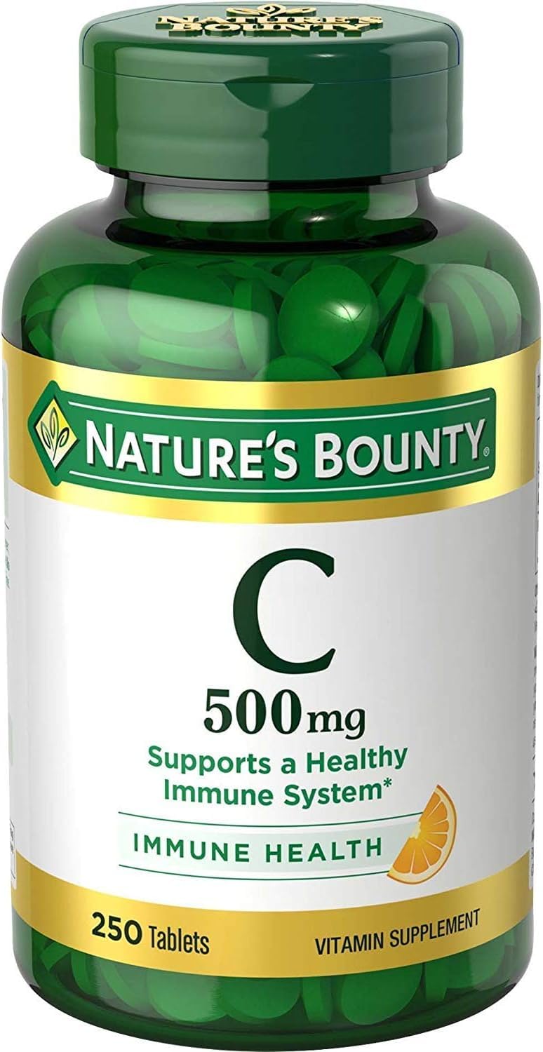 Nature's Bounty Pure Vitamin C caplets bottle front, daily immune support in focus