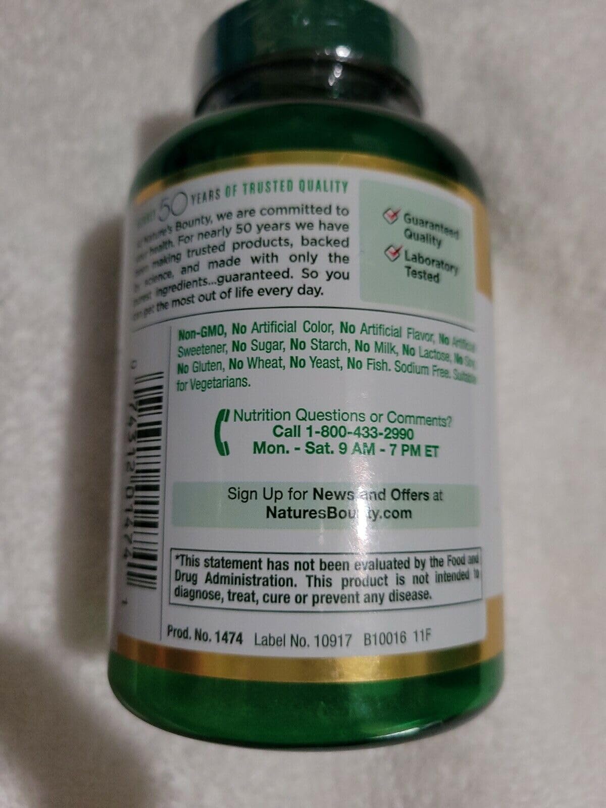 Nature's Bounty Pure Vitamin C caplets ingredients panel, non-GMO and sugar-free