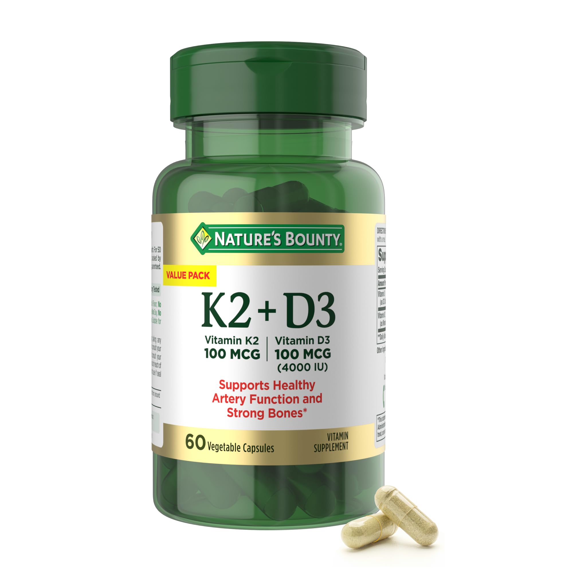 Nature's Bounty Vitamin D3 K2 bottle front view for daily bone and immune support.