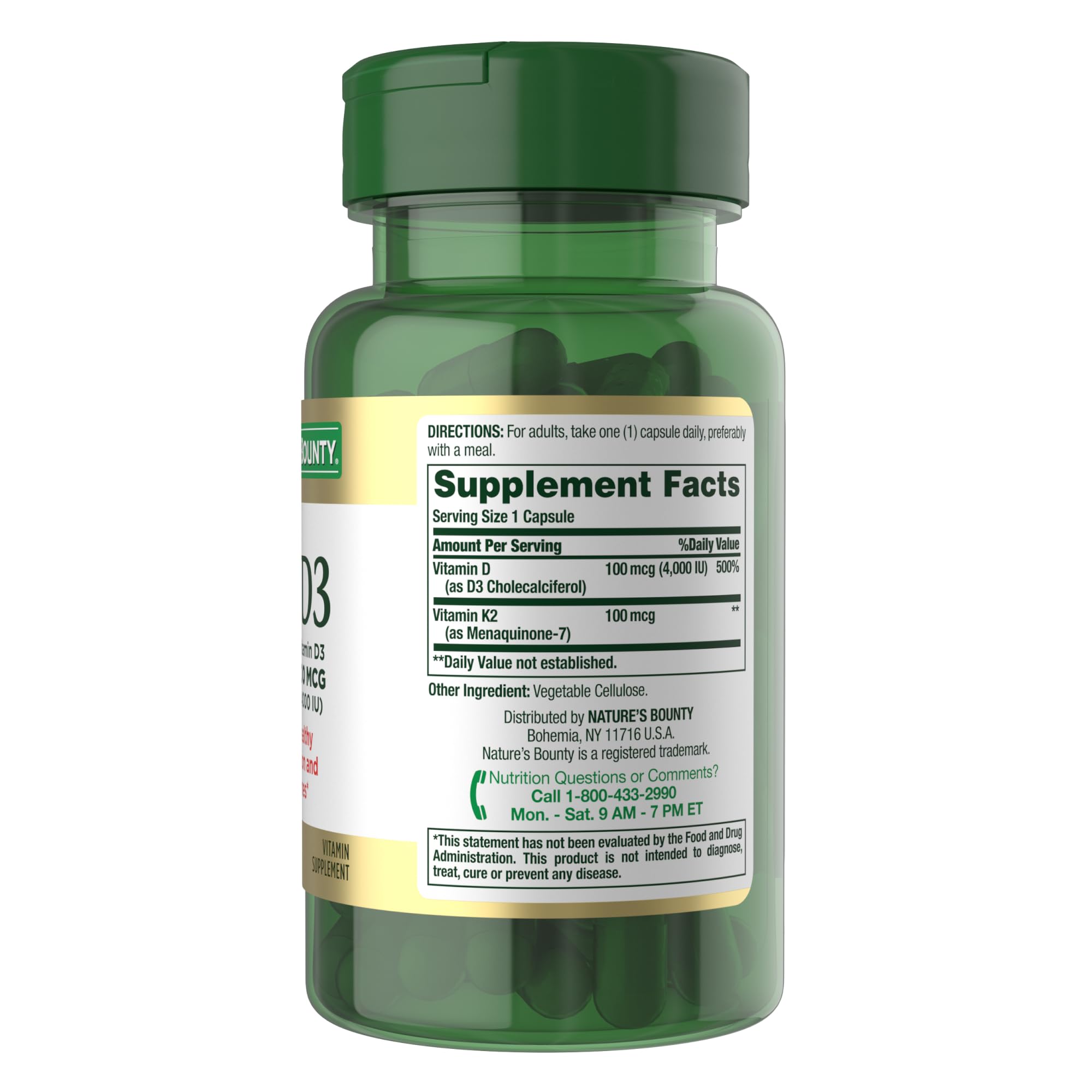 Nature's Bounty Vitamin D3 K2 capsules in a neat row.