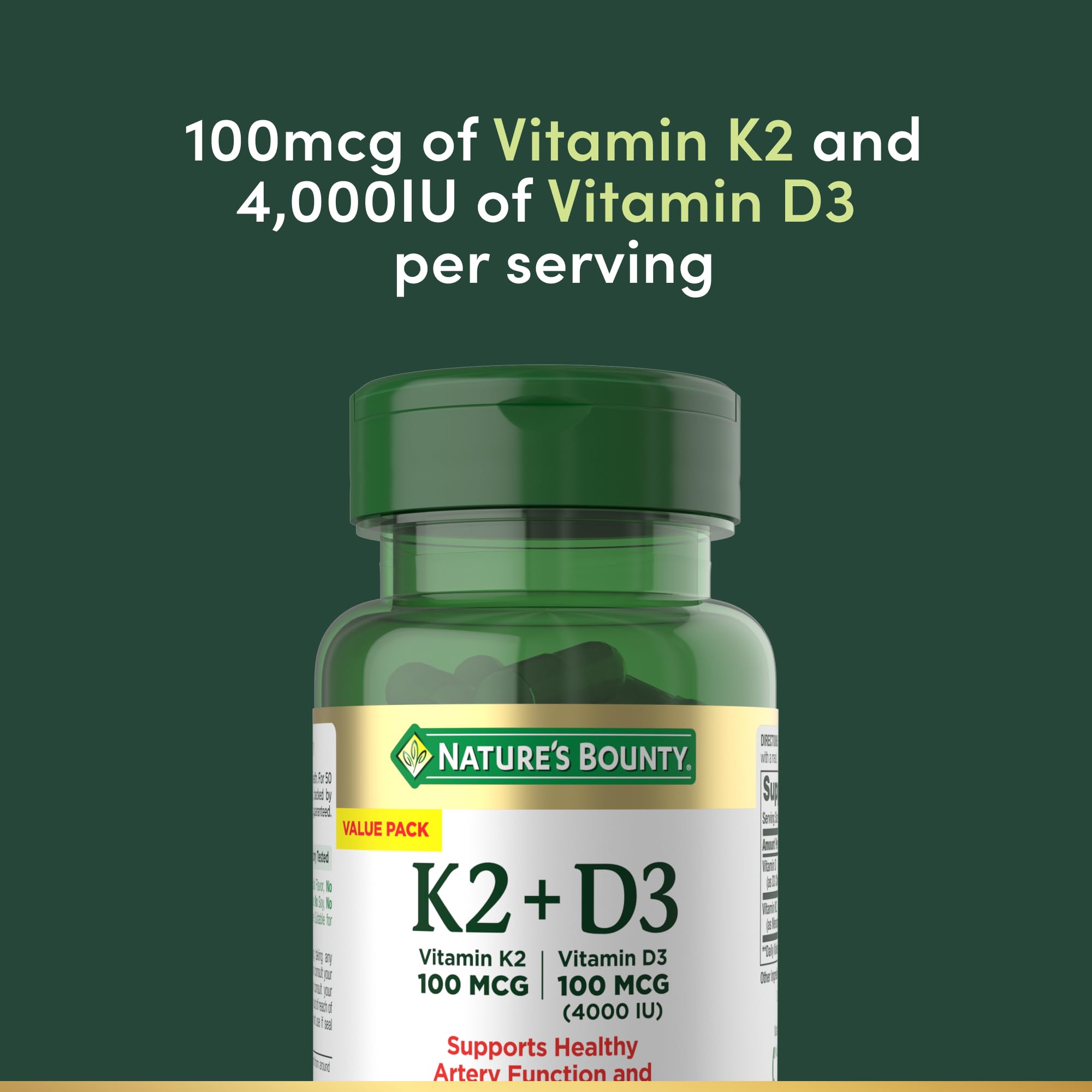 Nature's Bounty Vitamin D3 K2 label close-up with product details visible.