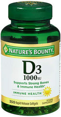 Nature's Bounty Vitamin D3 softgels bottle—easy-to-swallow capsules for bone support and immune health