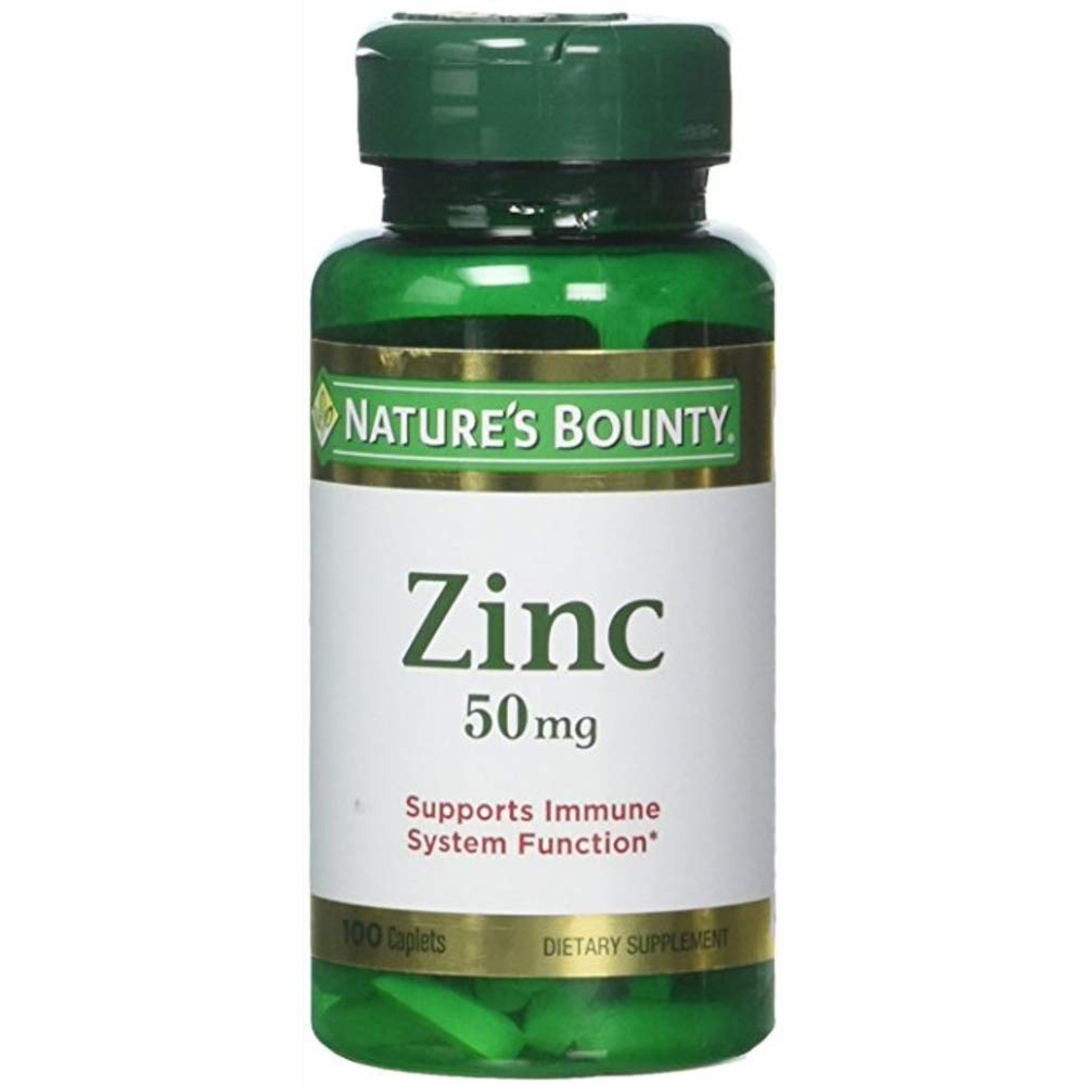 Nature's Bounty zinc 50 mg caplets label back with ingredients and purity emphasis.