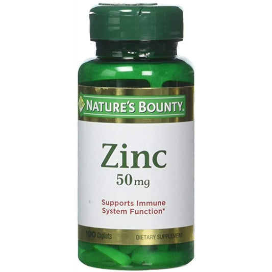 Nature's Bounty zinc 50 mg caplets label back with ingredients and purity emphasis.