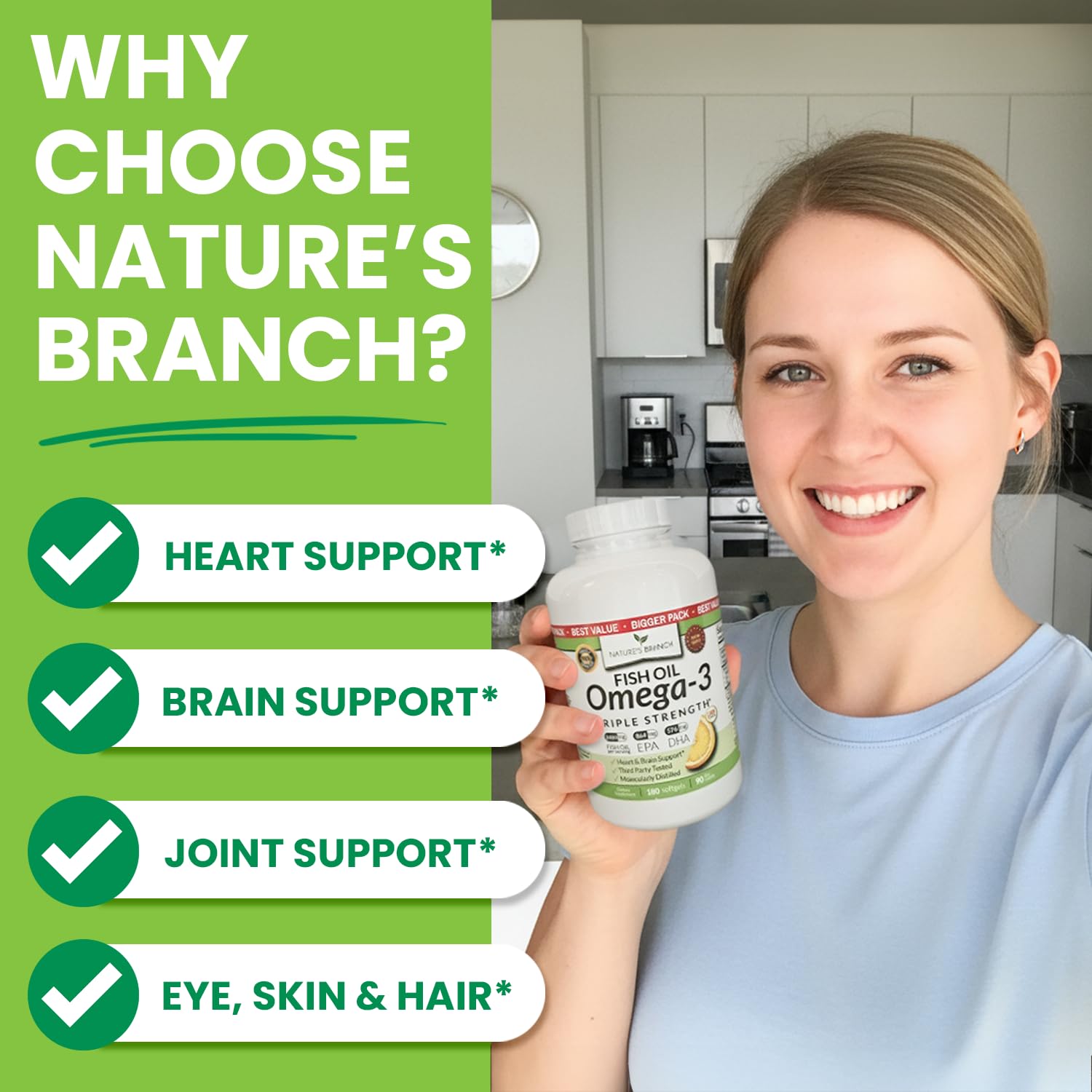 Nature's Branch burp-free lemon coating visible on softgels.