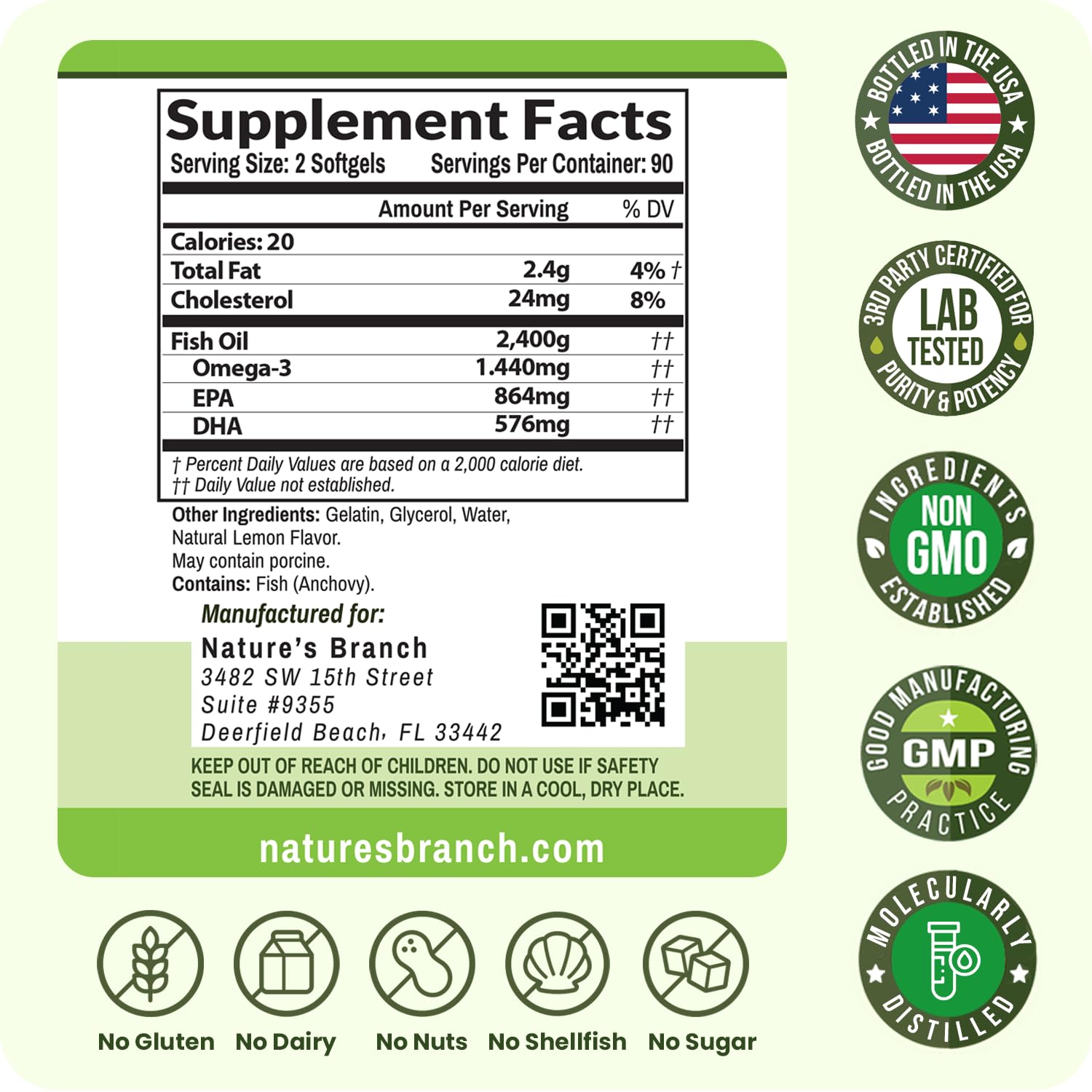Nature's Branch USA-bottled omega-3 purity and non-GMO promise.