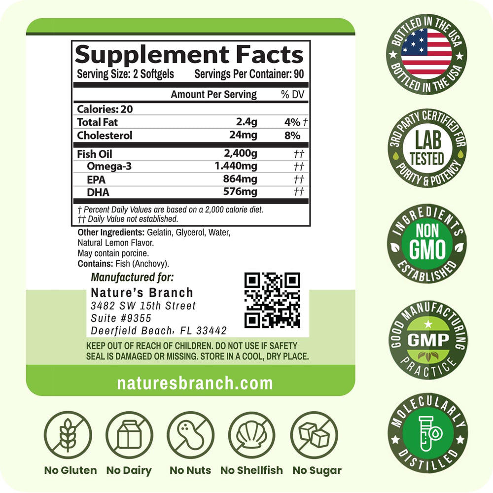Nature's Branch USA-bottled omega-3 purity and non-GMO promise.