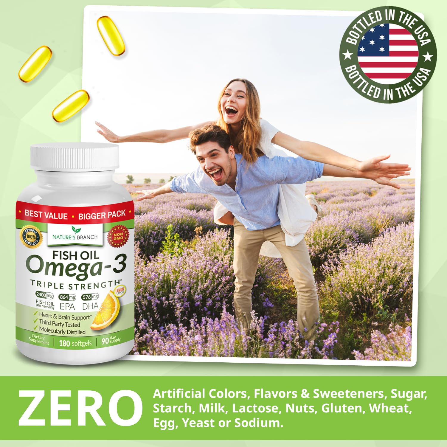 Nature's Branch non-GMO omega-3 capsules ideal for daily use.