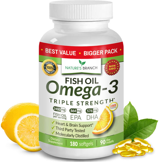 Nature's Branch triple-strength omega-3 bottle with burpless softgels for daily use.