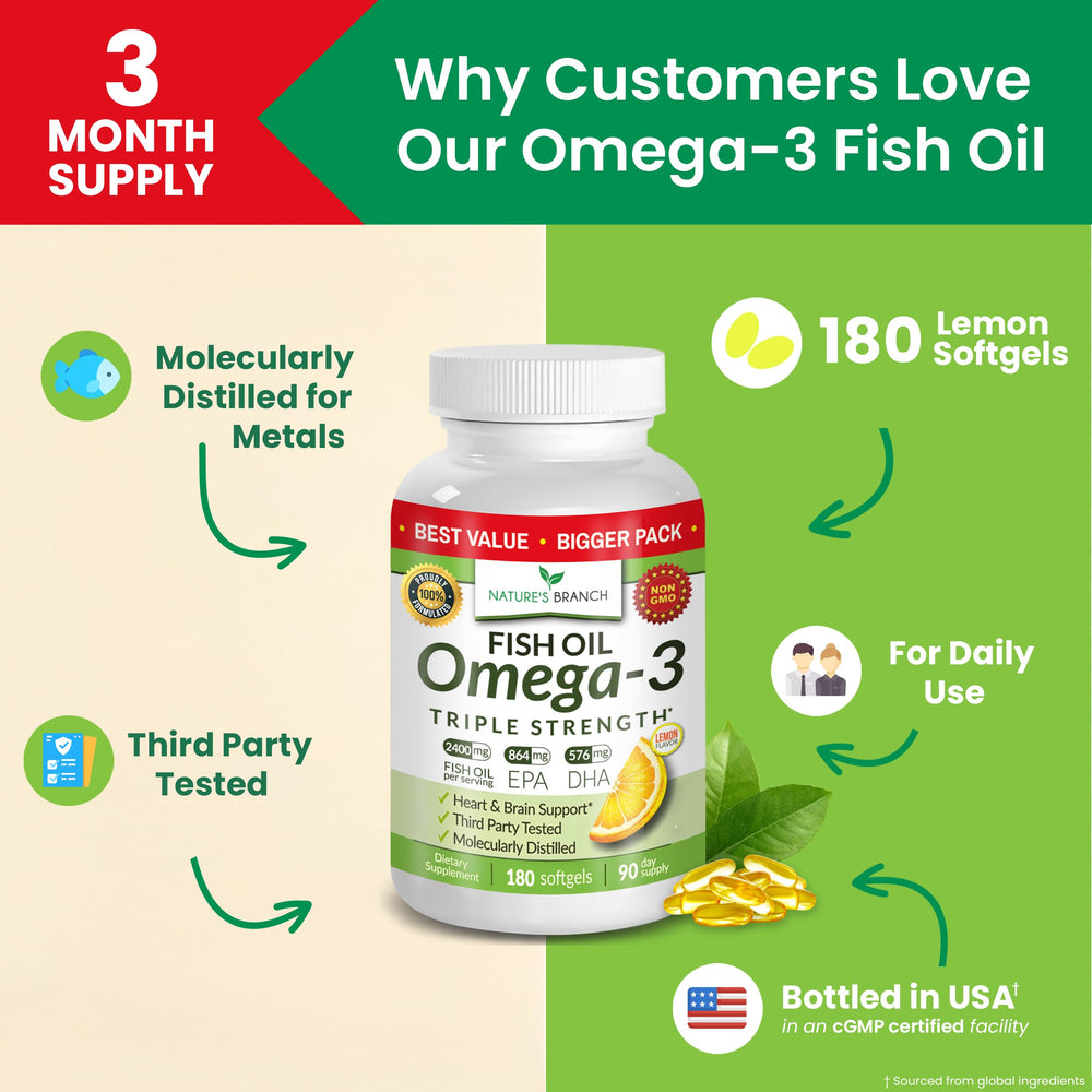 Nature's Branch wild-caught fish oil capsule label highlights EPA and DHA.