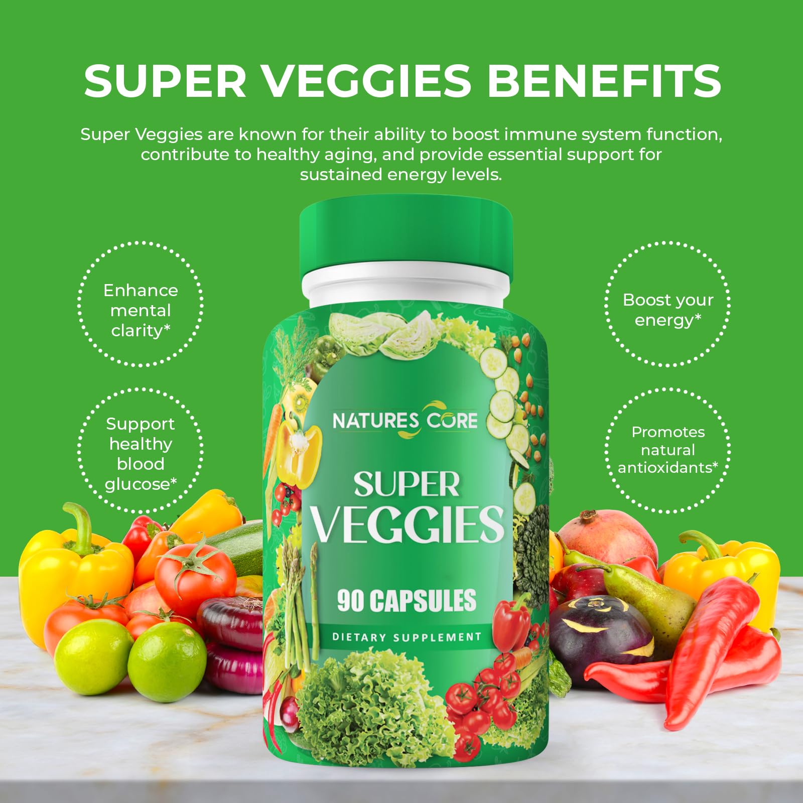 Nature's Core colorful fruit and leafy greens mix image, natural energy support.