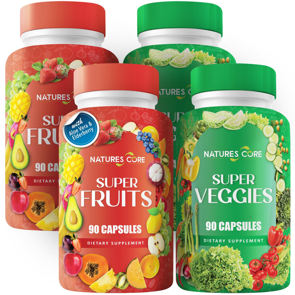 Nature's Core fruit and veggie capsules bottle front, convenient daily nutrition.