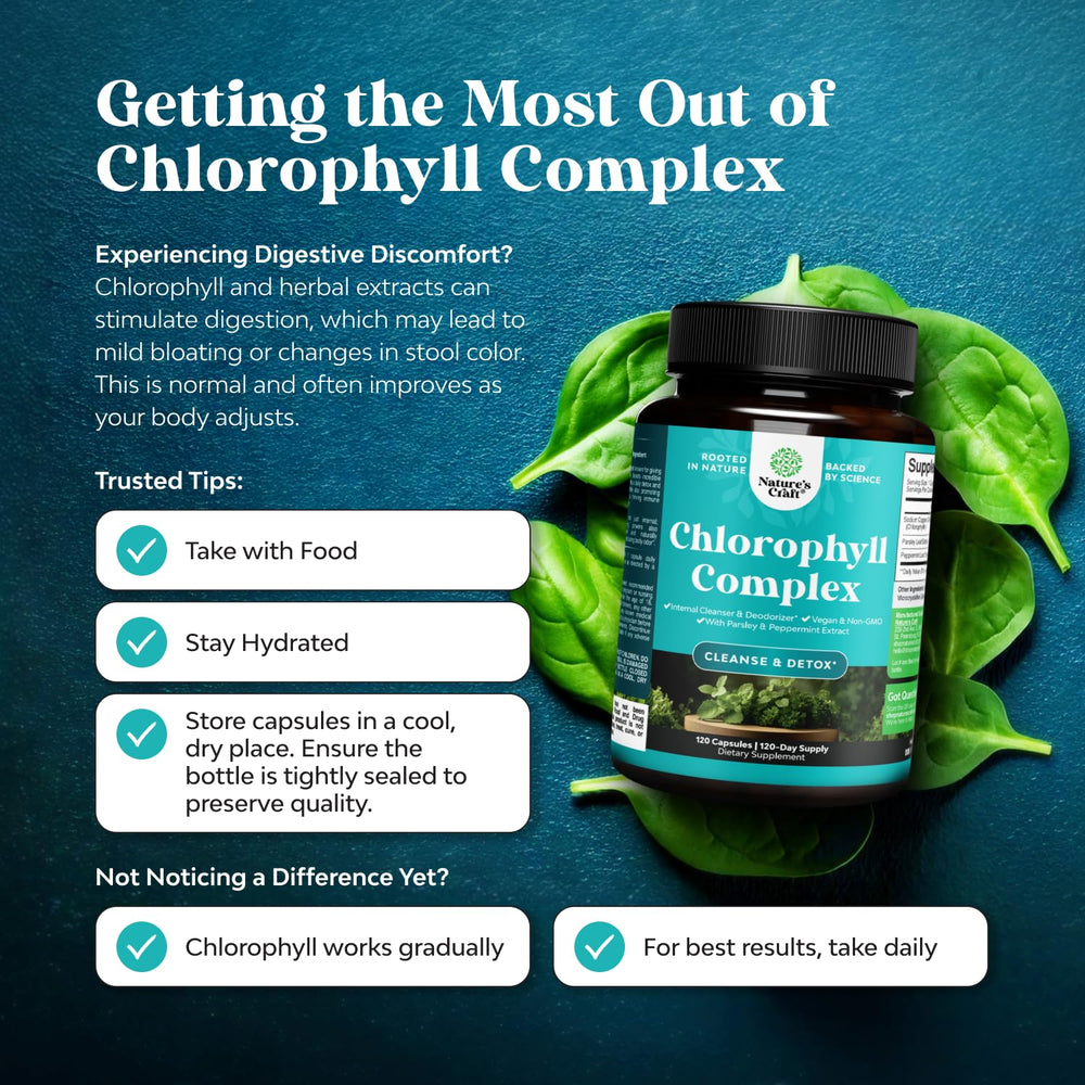 Natures Craft 120-count bottle label emphasizes gentle chlorophyll dosage for sensitive stomachs.