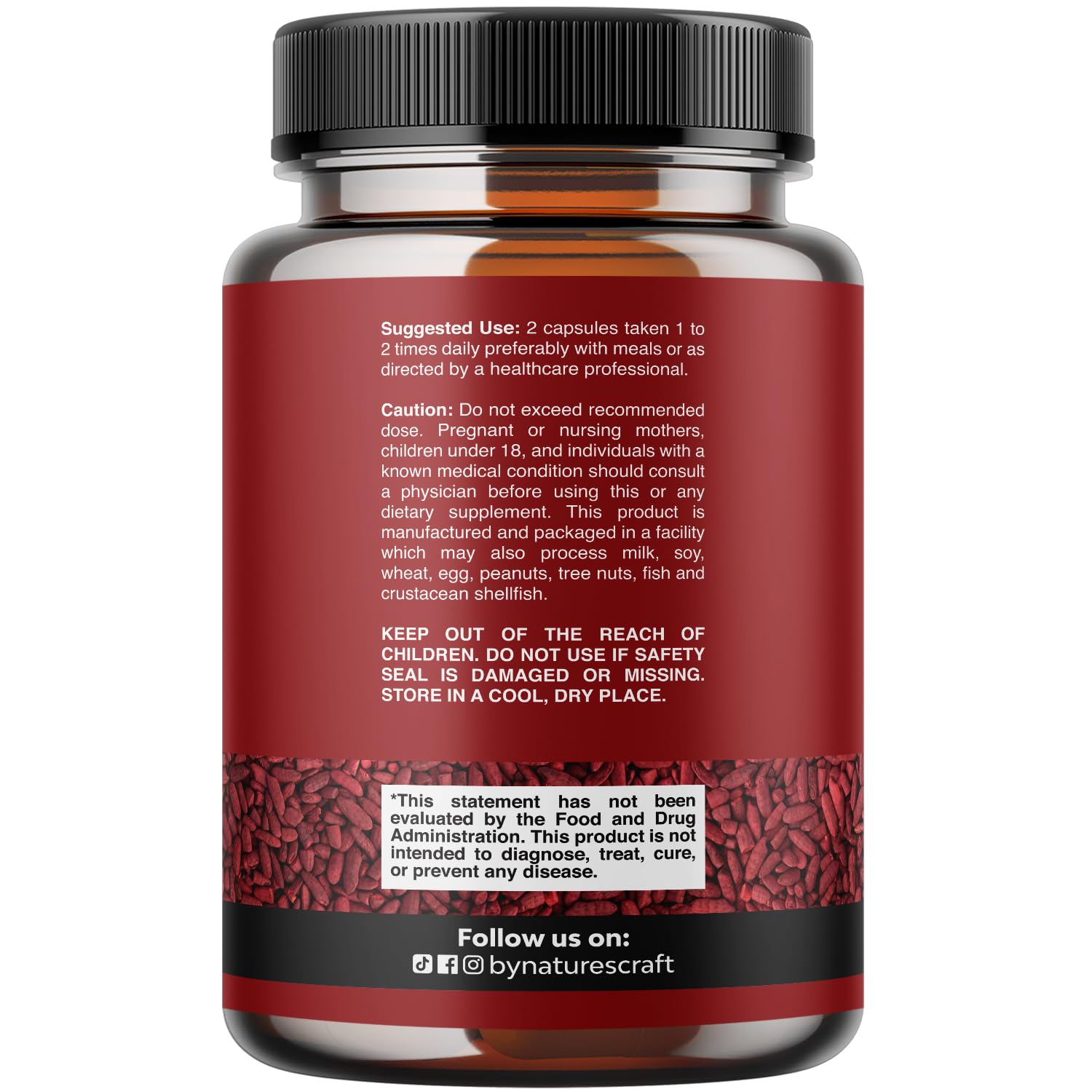 Natures Craft 1200mg red yeast rice capsules closeup emphasizing potency.