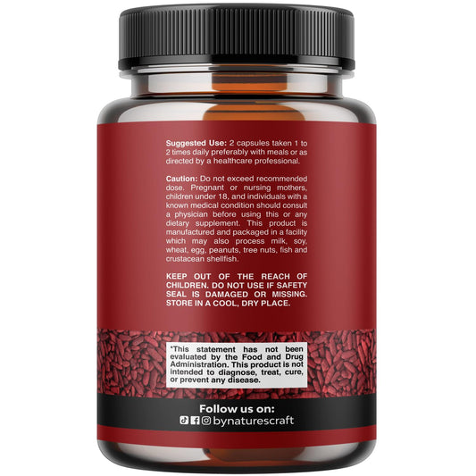 Natures Craft 1200mg red yeast rice capsules closeup emphasizing potency.