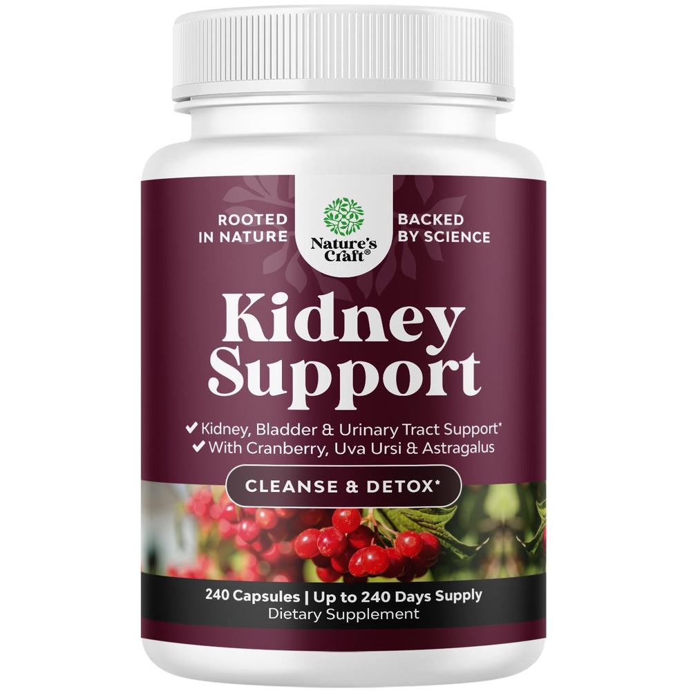 Natures Craft Advanced Kidney Cleanse bottle pours, suggesting detox support.