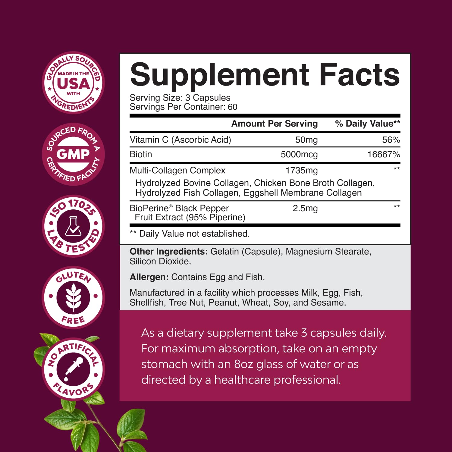 Natures Craft bottle label clearly shows collagen types and absorption aids