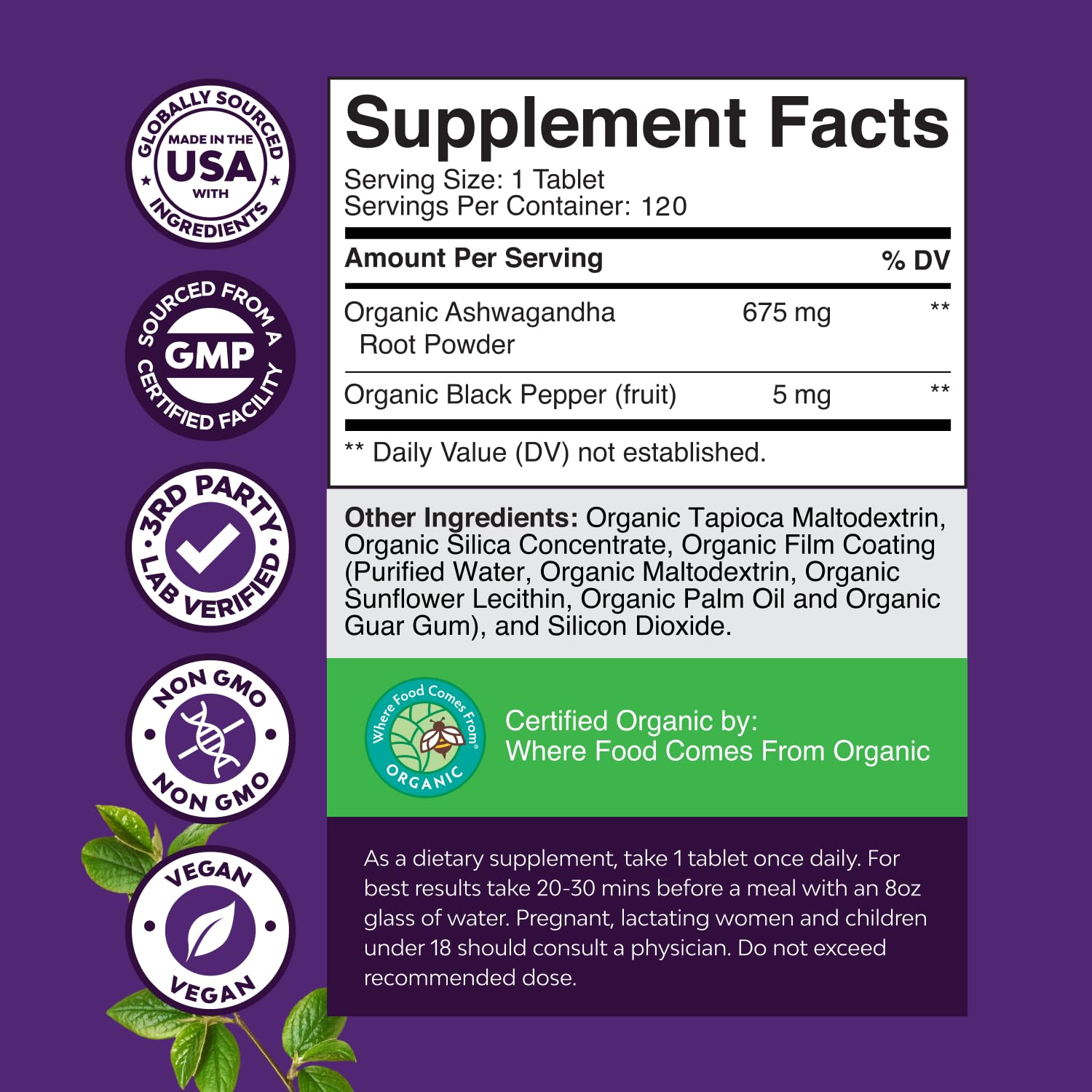 Natures Craft Ashwagandha bottle label shows organic non-GMO formula.