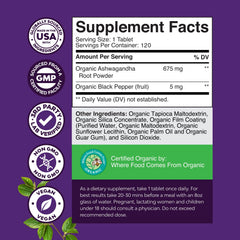 Natures Craft Ashwagandha bottle label shows organic non-GMO formula.