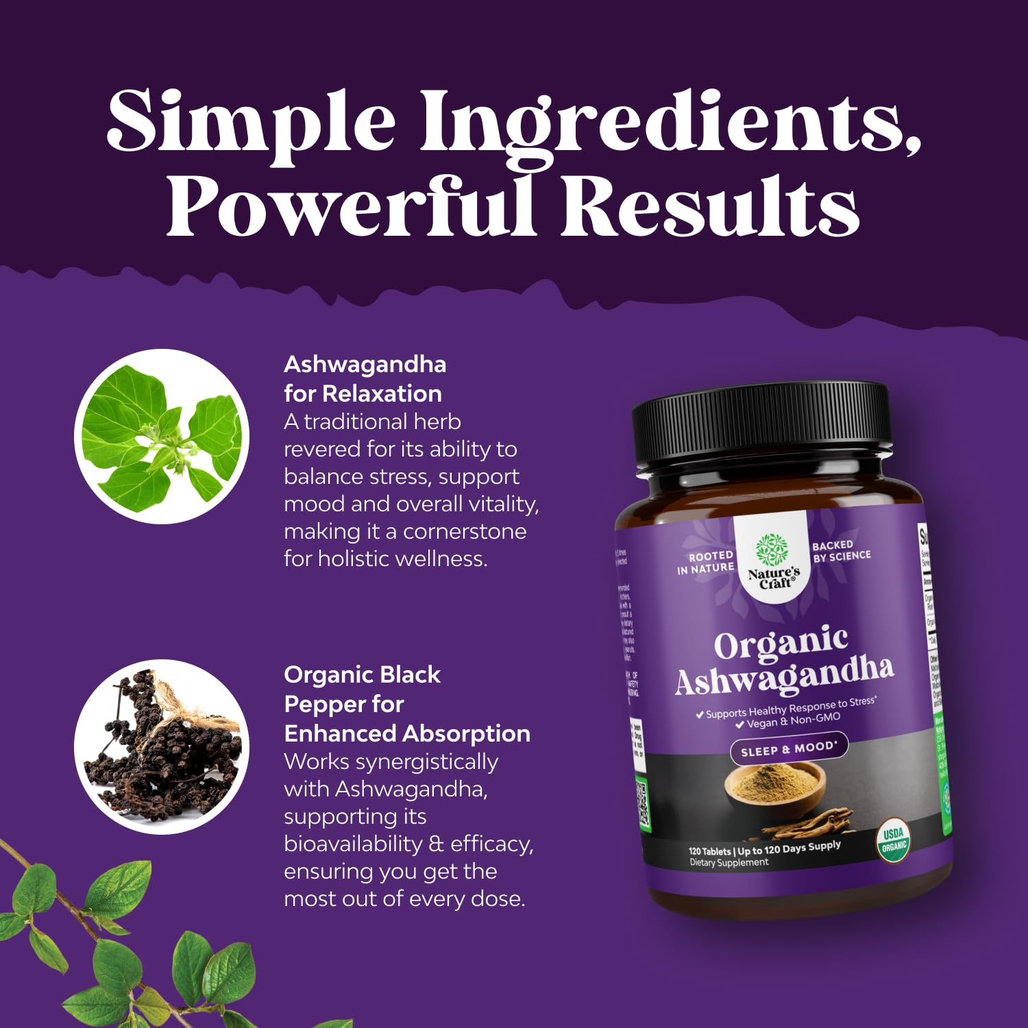 Natures Craft Ashwagandha organic certifications badge signals quality.