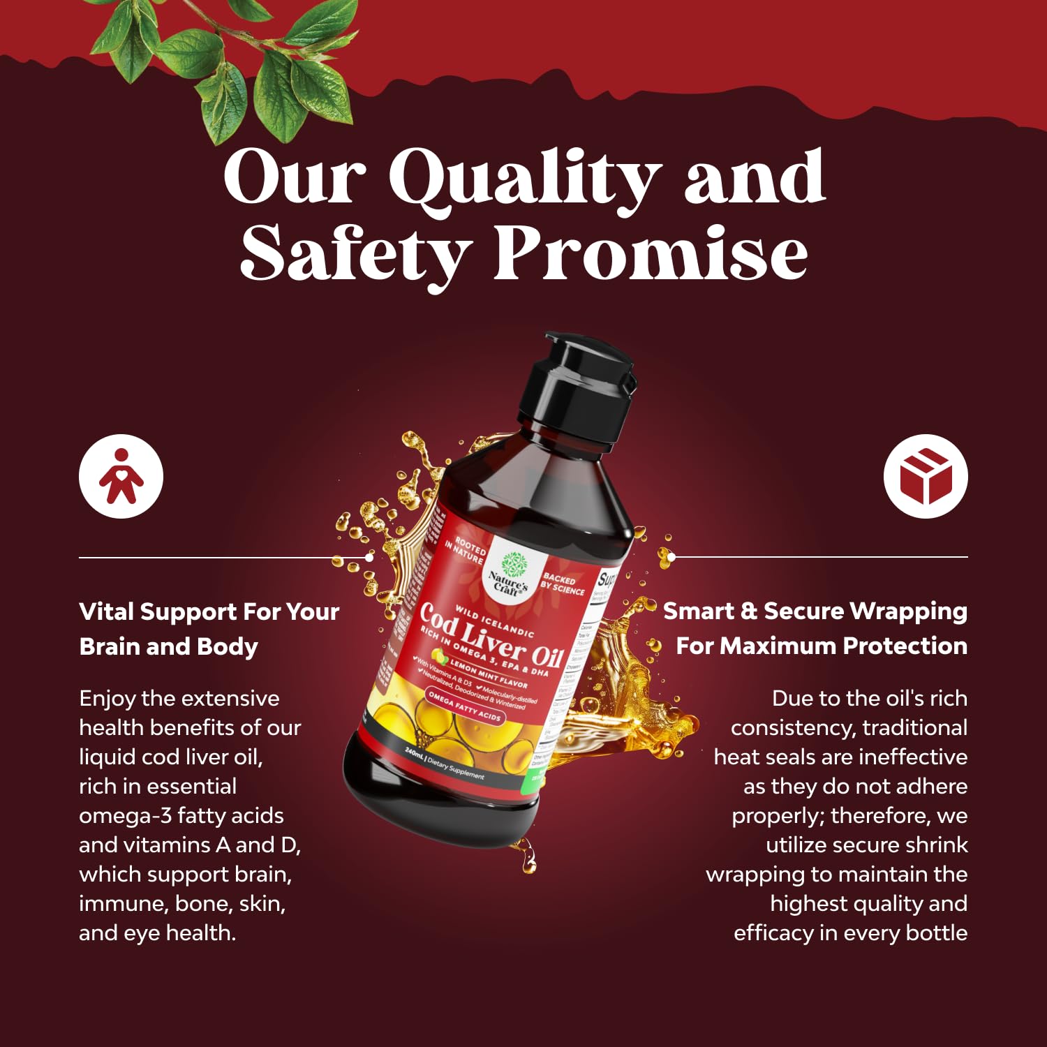 Natures Craft burpless cod liver oil drops in a measuring spoon for daily intake.