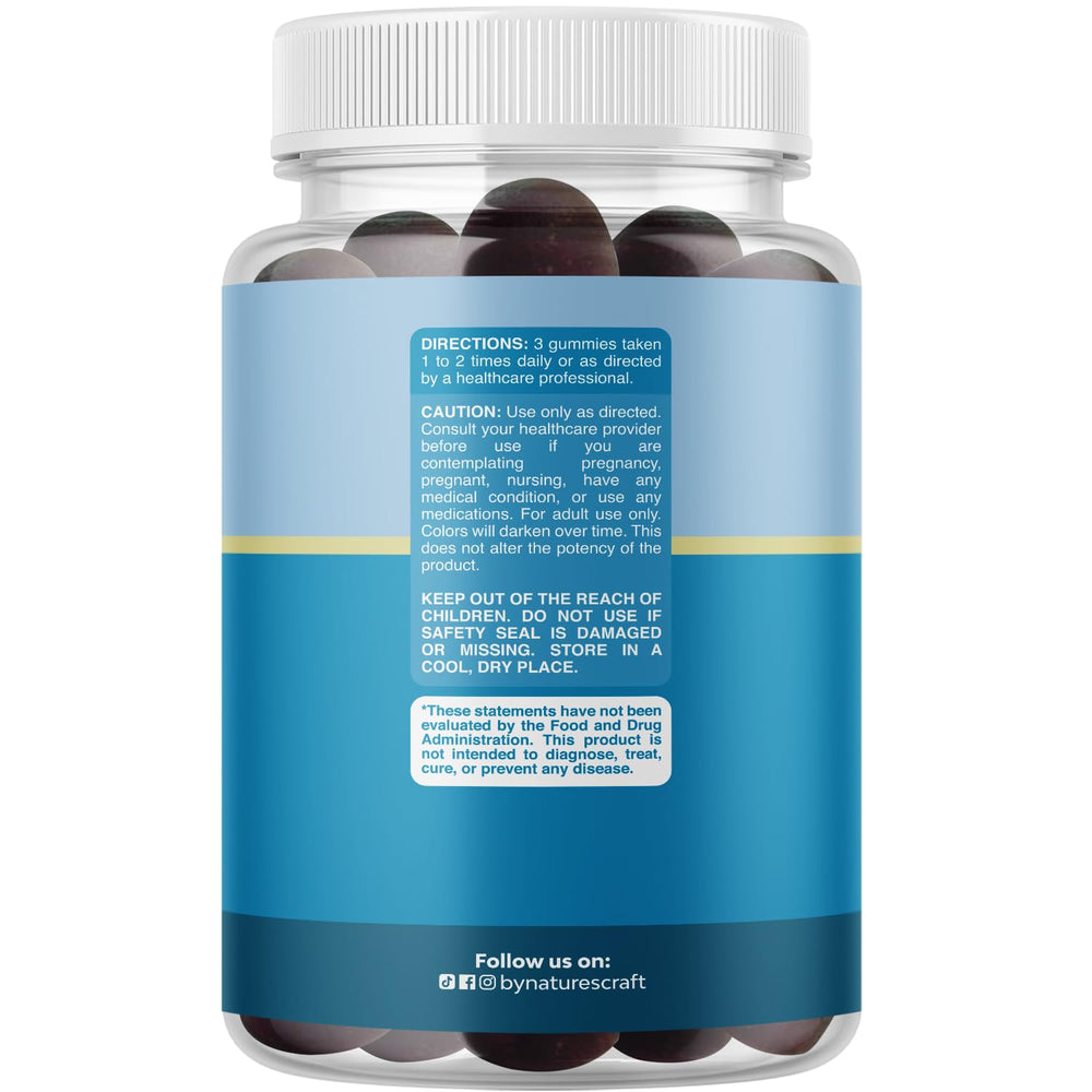 Natures Craft Calming Gummies with Ashwagandha label highlighting adaptogenic support