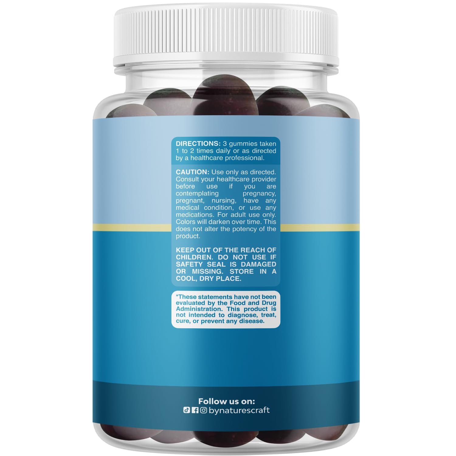 Natures Craft Calming Gummies bottle back label highlighting ingredients and dosage.