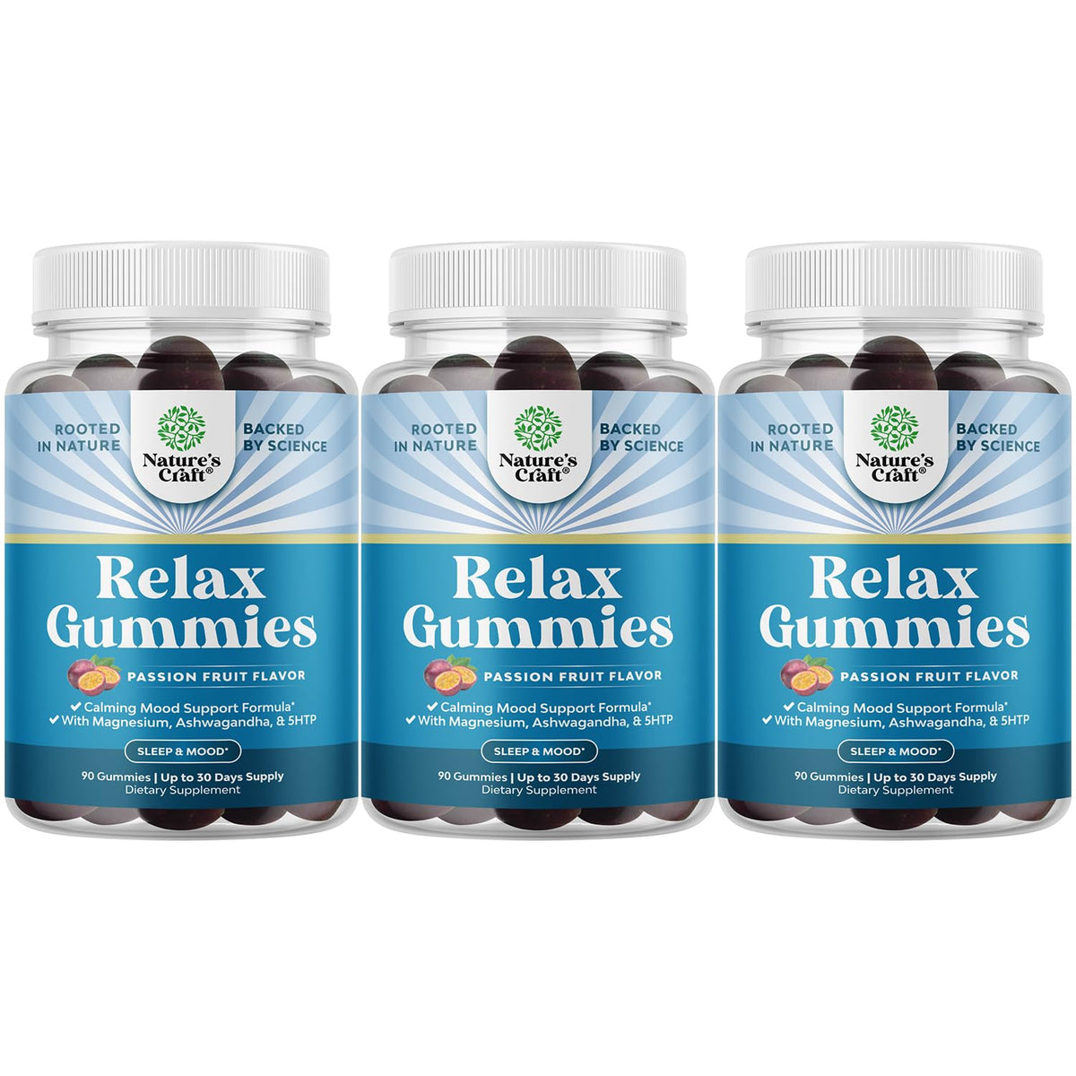 Natures Craft Calming Gummies bottle closeup showing mood support and flavor