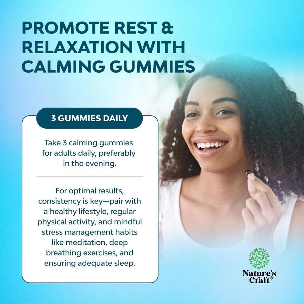 Natures Craft Calming Gummies ingredients closeup featuring ashwagandha and lemon balm.