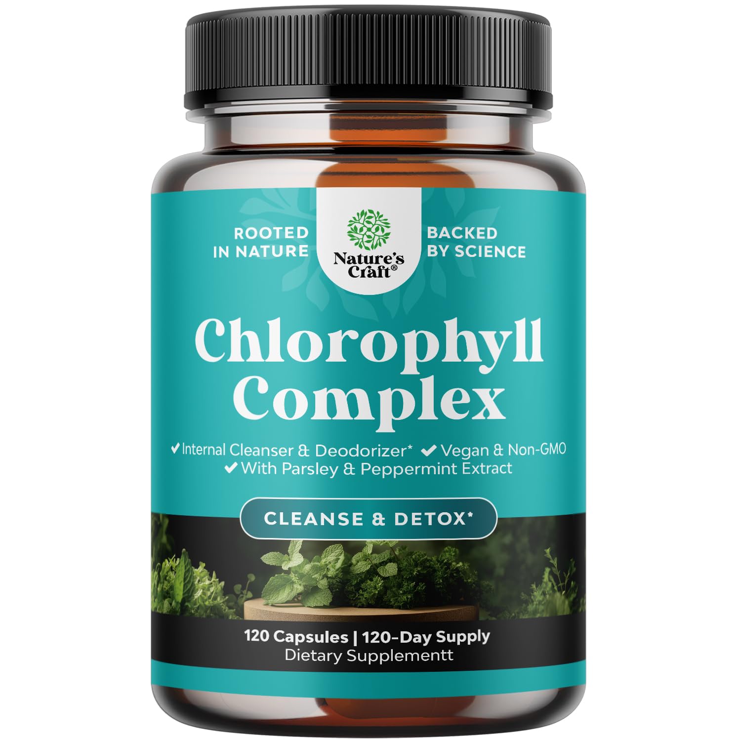 Natures Craft chlorophyll capsules bottle showcases the convenient daily supplement for odor and digestion.