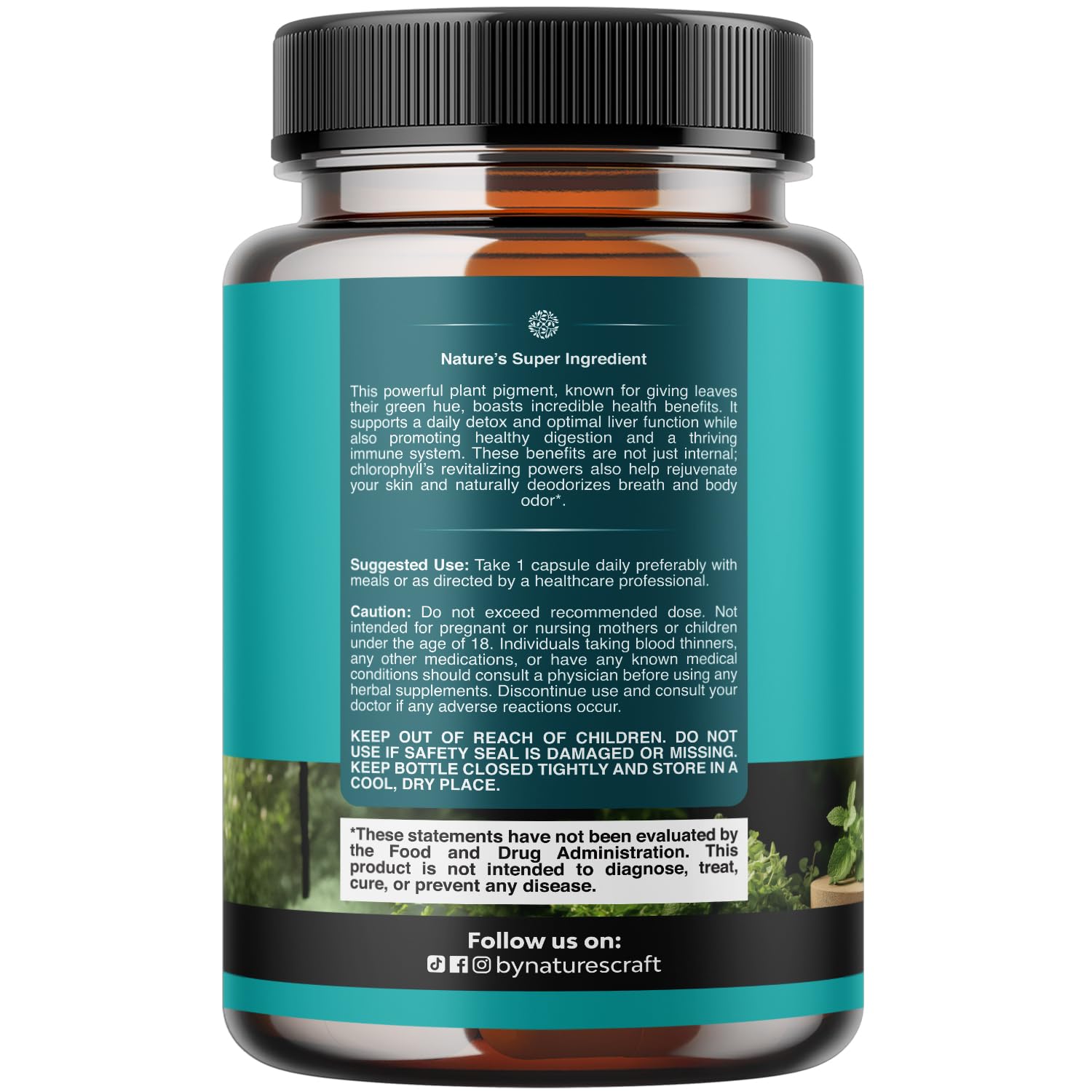 Natures Craft chlorophyll capsules closeup highlights mint and parsley blend for internal cleansing.