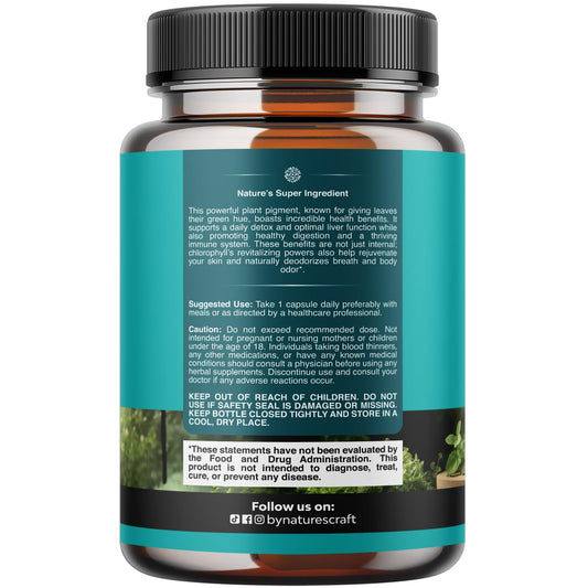 Natures Craft chlorophyll capsules closeup highlights mint and parsley blend for internal cleansing.