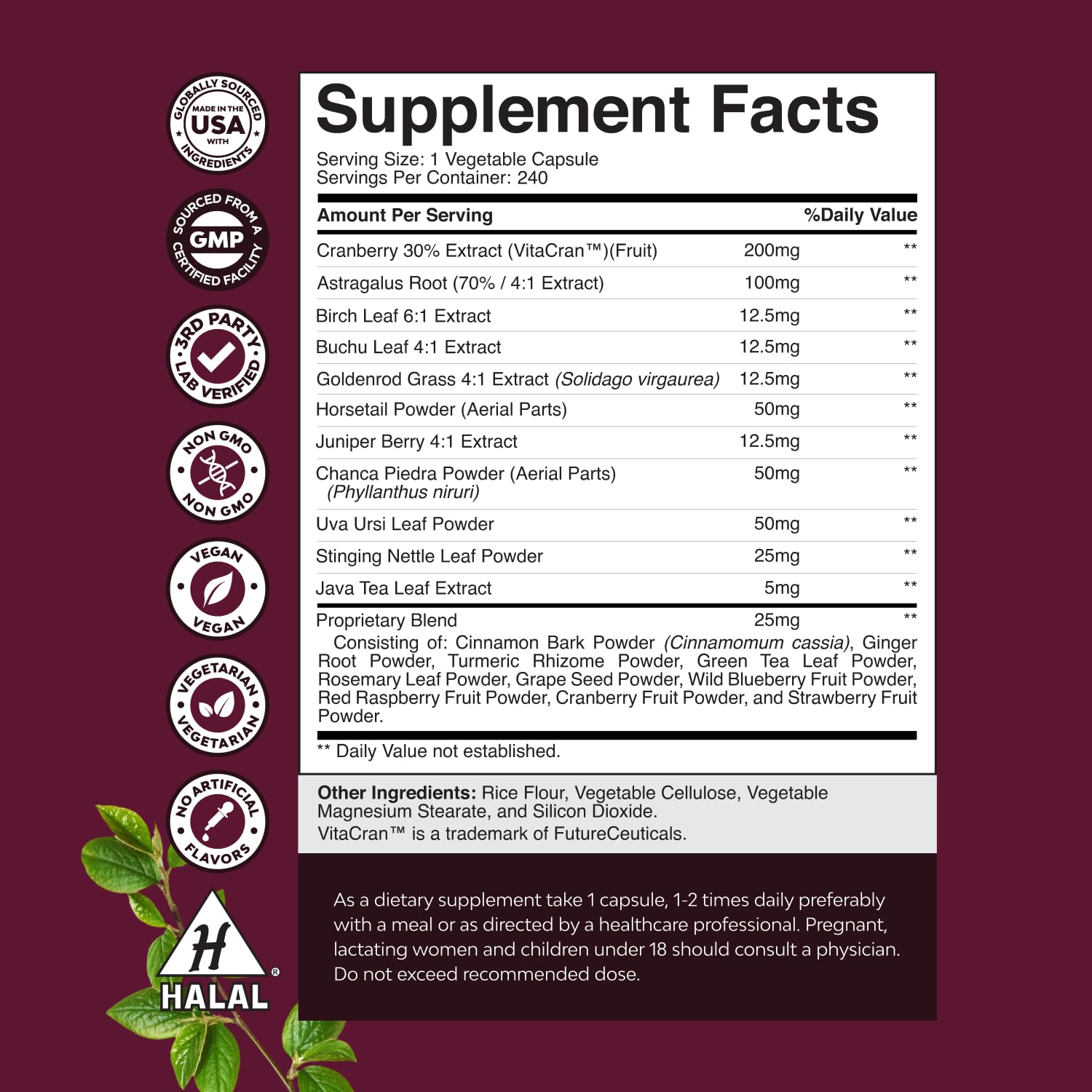 Natures Craft Cranberry Extract bottle label, emphasizing urinary support.