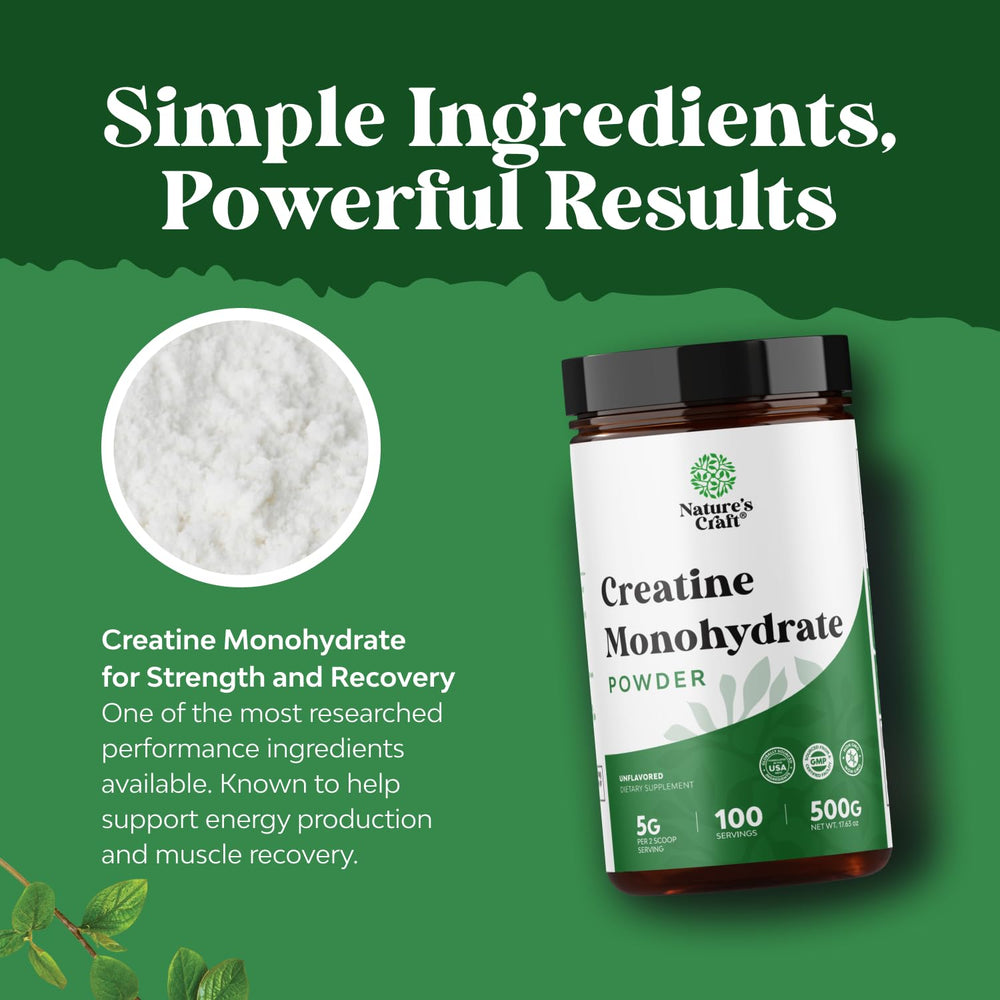 Natures Craft creatine micronized powder visible in a glass showing mixability