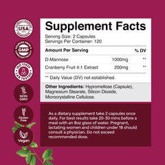 Nature's Craft D Mannose Cranberry capsules closeup showing 1000mg dose for urinary wellness.