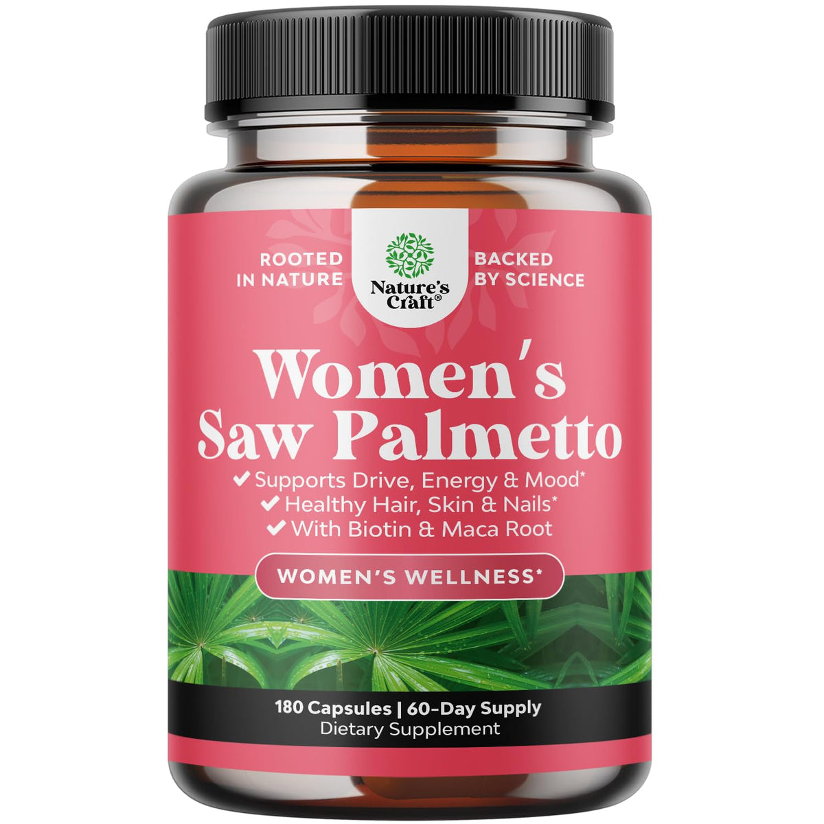 Natures Craft extra strength saw palmetto bottle for women supporting fuller looking hair