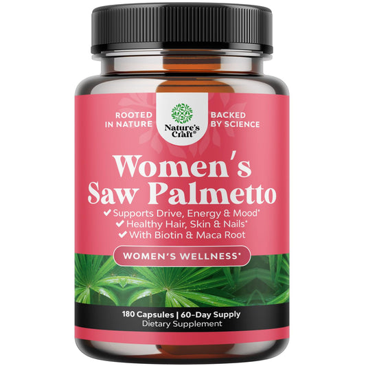 Natures Craft extra strength saw palmetto bottle for women supporting fuller looking hair
