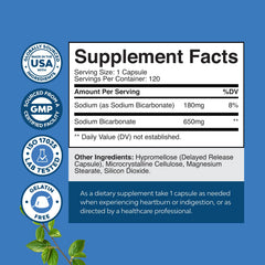 Natures Craft delayed-release label on sodium bicarbonate capsules for long-lasting support.