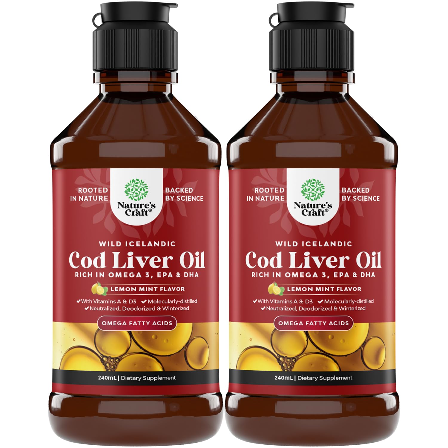 Natures Craft Icelandic cod liver oil bottle highlighting wild-caught source for heart and immune support.