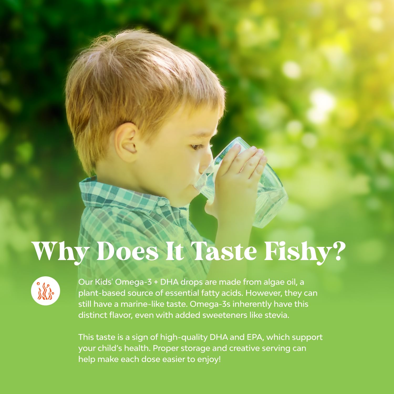 Natures Craft Kids DHA Drops ingredients label shows vegan, non-GMO and allergen-free formula