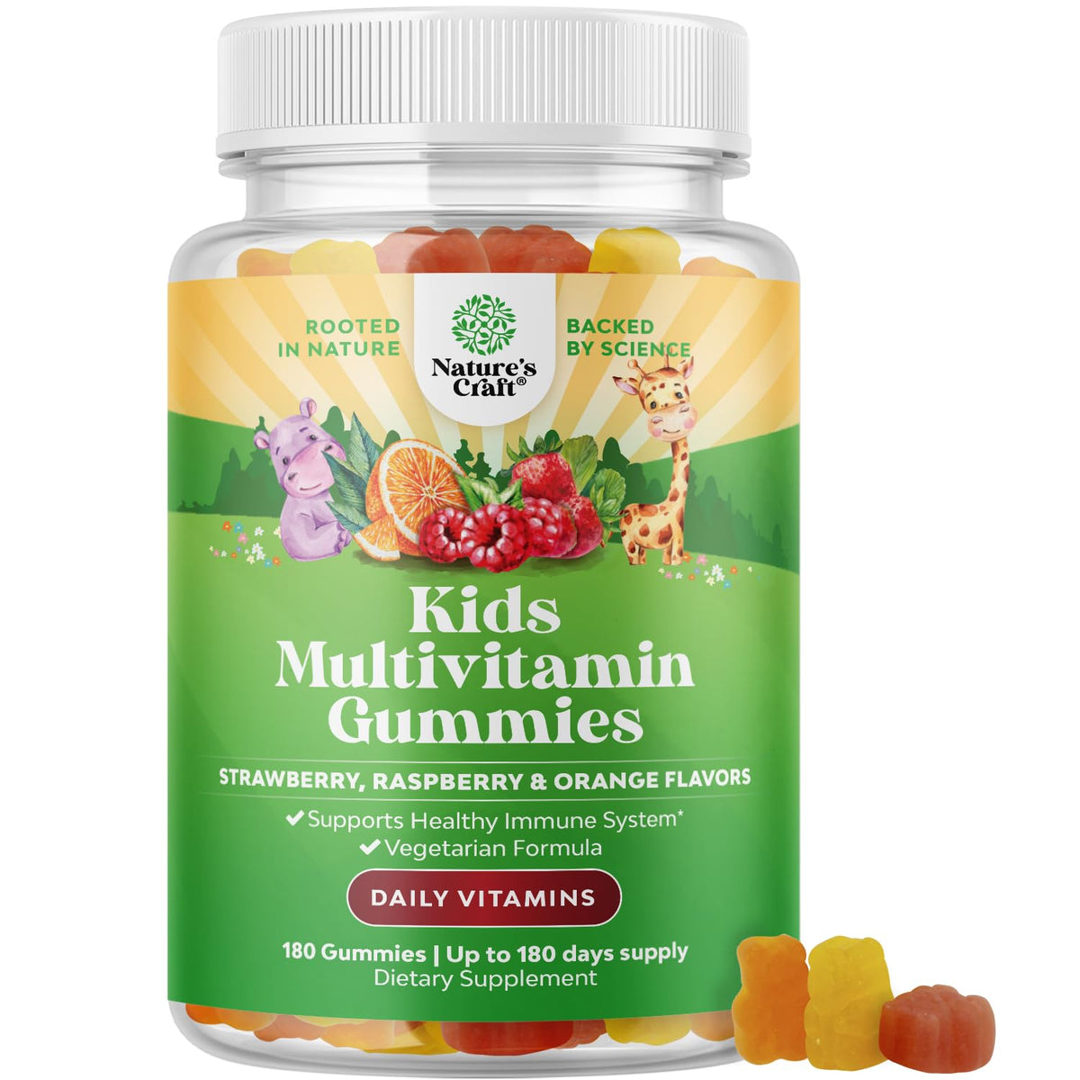 Natures Craft Kids Multivitamin Gummies bottle on table for daily wellness.