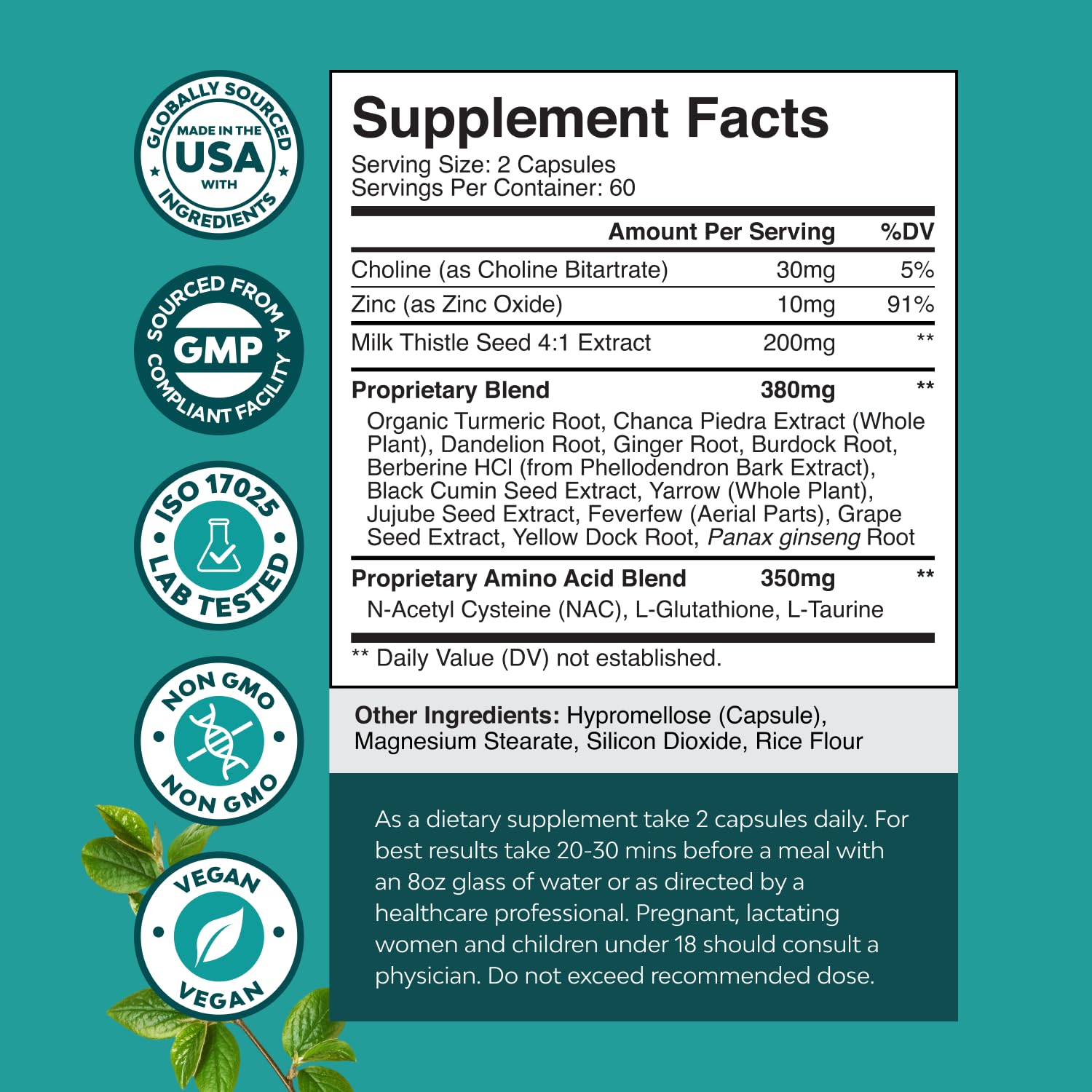 Natures Craft liver support milk thistle label; highlights herbal detox blend.