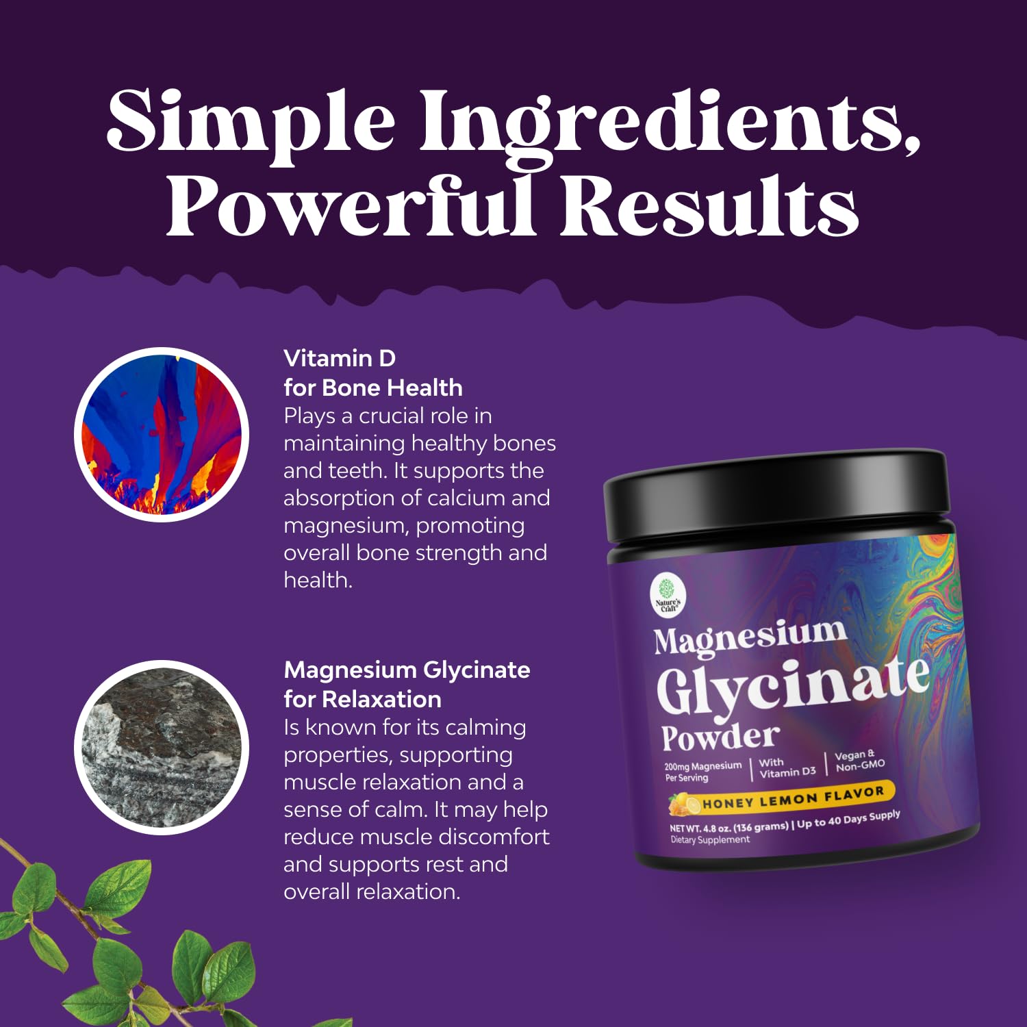 Natures Craft clean label packaging and product branding on the magnesium glycinate powder.